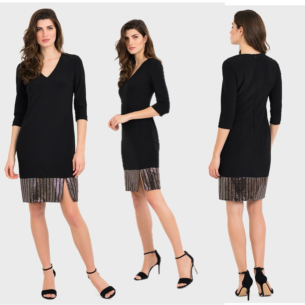 Joseph Ribkoff black V-neck sheath dress metallic Rose Gold sequin accents 6 NWT